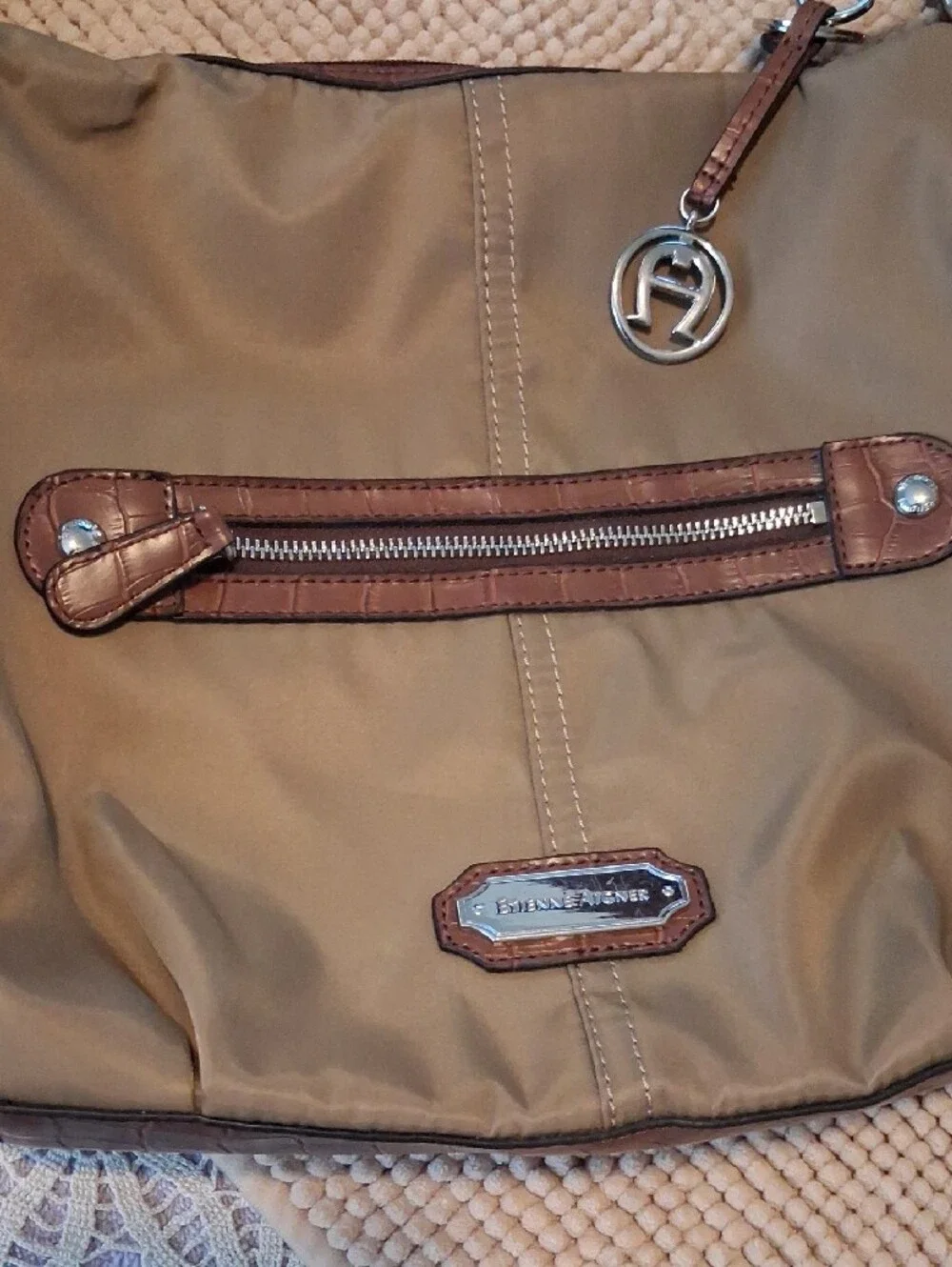 Etienne Aigner Olive/Tan Nylon Hobo with Brown Leather Trim